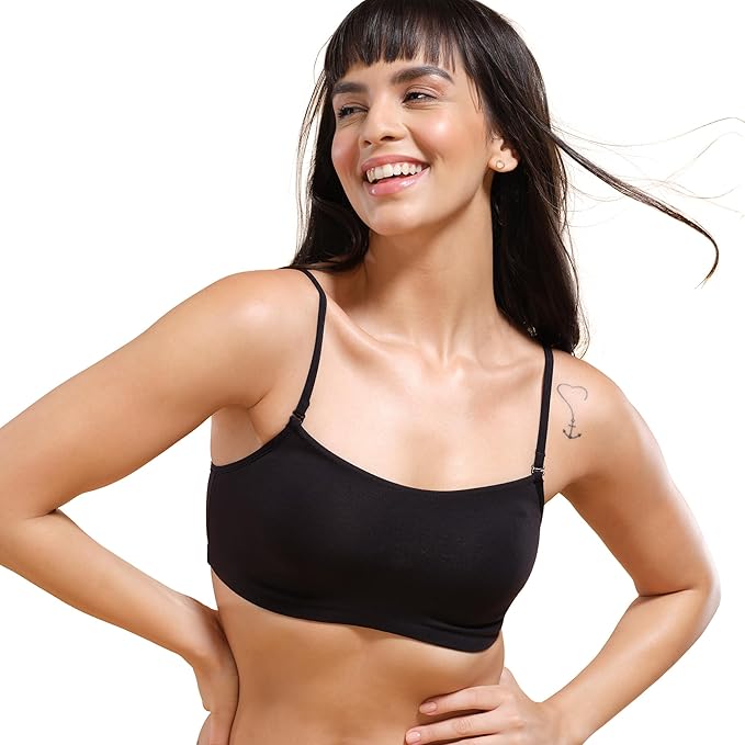 Enamor Moulded Double Layer Front Women's Cotton Cami Bra - Detachable Slim Straps with Back Keyhole, Non Padded, Wirefree, High Coverage - A022 - Image 3