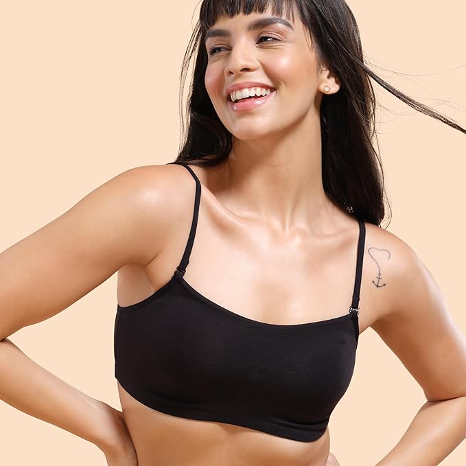 Enamor Moulded Double Layer Front Women's Cotton Cami Bra - Detachable Slim Straps with Back Keyhole, Non Padded, Wirefree, High Coverage - A022