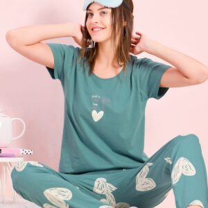 Women's Cotton Printed Night Suit Set of T-Shirt & Pyjama, Night wear Dress, Relaxed wear for Women/Girls